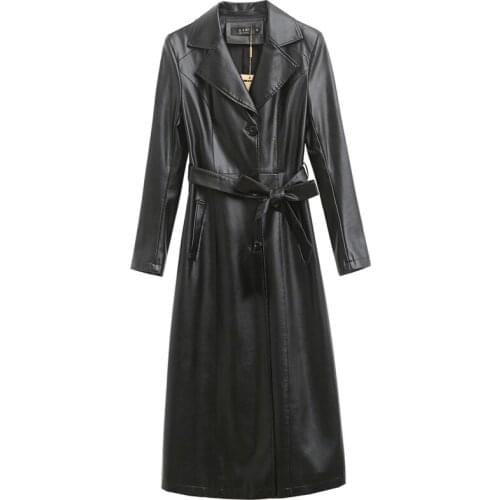 Women Long Leather Jacket With Belted Ladies Elegant Fur Collar Washed PU Leather Coats Trench Female Faux Sheepskin Outerwear