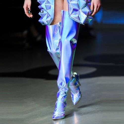 Women Thigh High Boots Female Fashion Laser Rainbow Colors Zipper High Heels Shoes Shiny Matte Patent Leather Bottes Women 2020