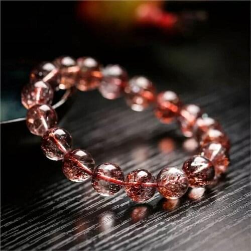 11mm Genuine Natural Gold Strawberry Quartz Barcelet Lepidocrocite Clear Crystal Round Bead Bracelets For Women Lady