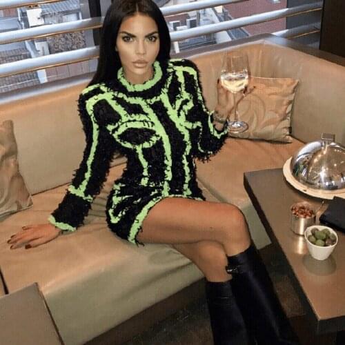 Voguish Contrast Ruched Sriped Black Dress Autumn New Long Sleeve Round Neck Geometric Bodycon Mini Warm Party Dress For Women