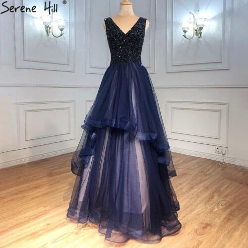 Serene Hill Navy Blue A-Line Evening Dresses Gowns 2021 Sleeveless Beaded Sexy For Women Wedding Party CLA71125