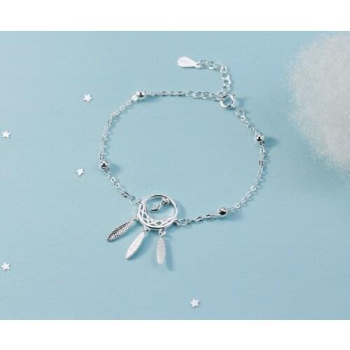 2021 Simple Silver Plated Tassel Feather Round Drop Bracelet for Women Bohemia Dream Catcher Bracelet Fashion Lady Party Jewelry