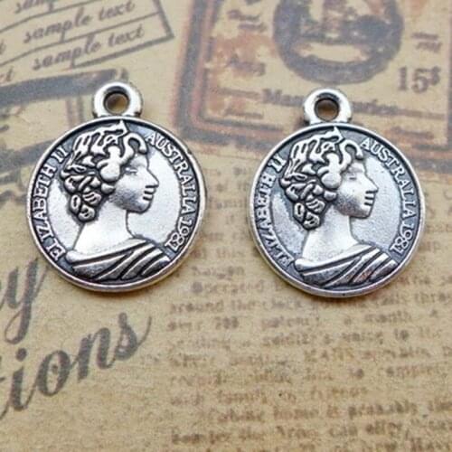 BULK 30pcs Eco-friendly Alloy Metal Vintage British Coin Elizabeth Charms Travel Pendants 20*16mm 1.7g