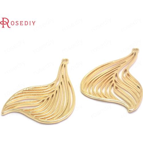 37194)6PCS 38x25MM 24K Gold Color Brass Feather Charms Pendants High Quality Jewelry Making Supplies Diy Findings Accessories