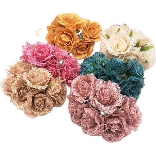 6pcs/lot 4CM Silk Linen Rope Artificial Rose Flower Bouquet Multicolor Scissors Flower Leaf Stamens Wedding Box Decoration
