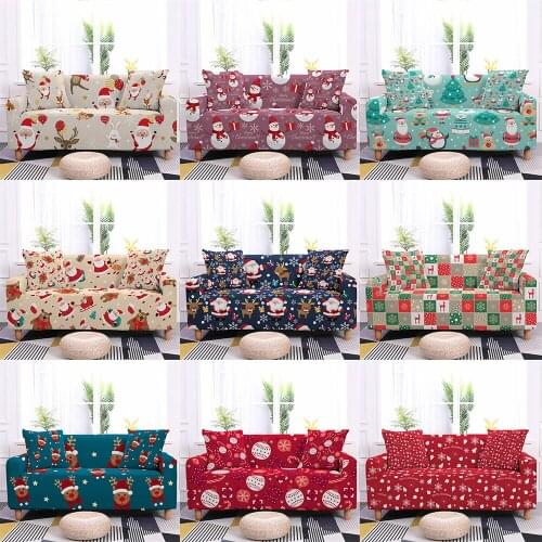 Santa Claus Elastic Sofa Cover Cartoon Elk Plaid Couch Cover Christmas Chaise Armchair Slipcovers L Type Sofa Case 1/2/3/4Seater