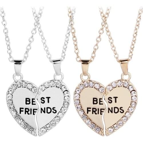 HHSPPF XY 2020 2/pcs best friend BFF pendant necklace heart-shaped BFF rhinestone gold crystal necklace Good friend gift jewelry