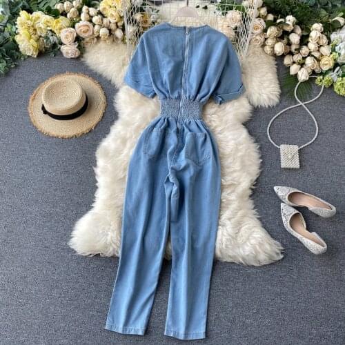 Casual Street Fashion Women Elastic Waist V-neck Batwing Sleeve Denim Jumpsuit Classsic Ladies Jumpsuit