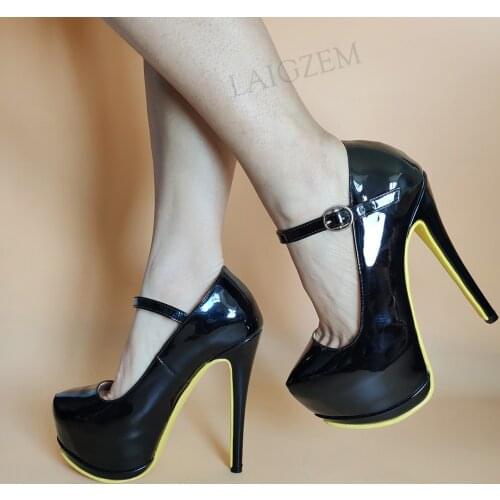 LAIGZEM Women Platform Pumps Shiny Super High Heels Mary Janes Shiny Waterproof Party Club Shoes Woman Large Size 42 45 50 52