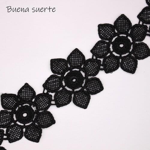 1Y 40mm Black Micro Fiber Flower Embroidered Fabric Lace Trim Ribbon Handmade DIY Sewing Supplies Craft for Costume Decoration