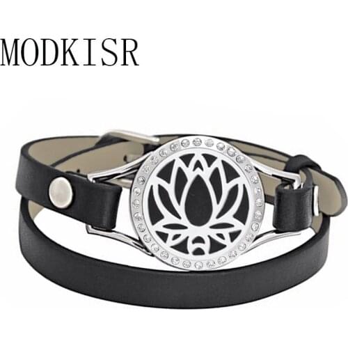 MODKISR Stainless Steel Leather Lotus Young Trend Aromatherapy Bracelet Essential Oil Diffuser Bangle Jewelry Women Gifts NY10