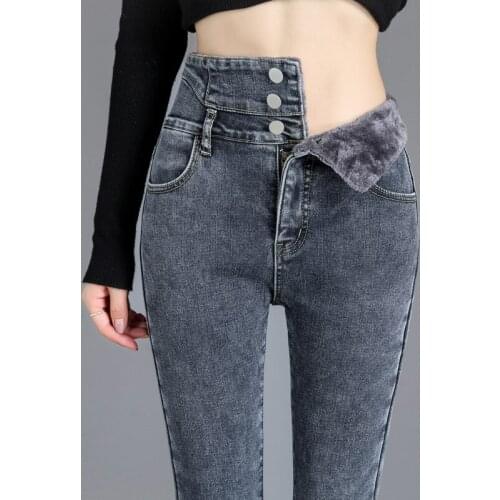 Fashion Stretch Button Pencil Pants, Mom Casual Plus Velvet Jeans High-Quality Winter Thick High-Waist Warm Jeans, Thick Womens