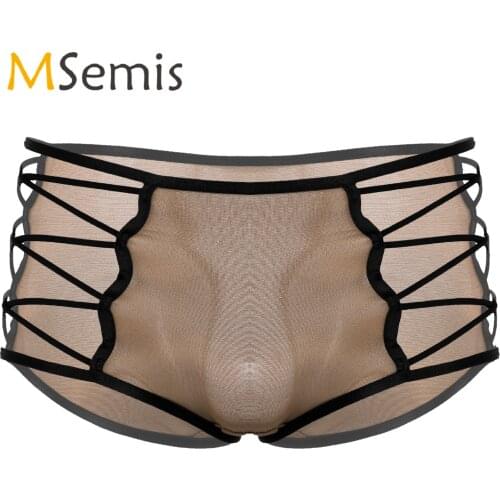 Mens Lingerie Sissy Panties Hollow Out Silky Panties Crisscross Briefs Underpants Mid Waist Cotton Translucent Sexy Underwear