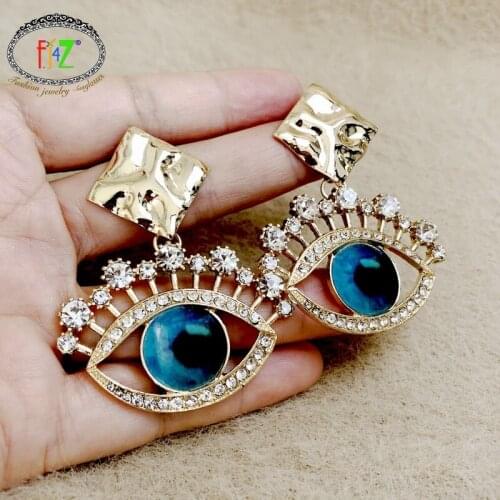 F.J4Z New Designer Eye Earrings Classic Blue Eyeball Shinning Rhinestone Eyelash Dangle Earring Womens Statement Earring