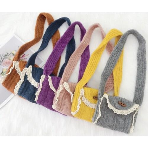 Autumn and winter lovely lace knitted childrens bag Korean version versatile baby messenger bag womens literature shoulder bag