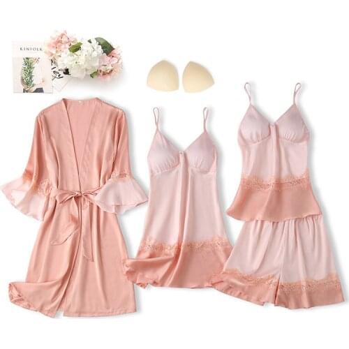 Women Sexy Patchwork Pajamas Set Sleepwear Satin Nightwear Kimono Bathrobe Gown Loose PJS Lace Home Clothes Lounge Wear
