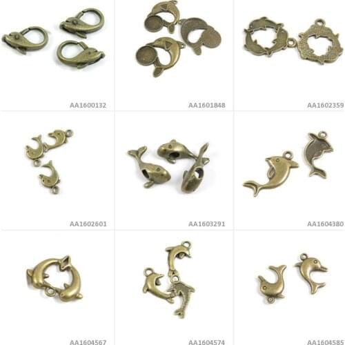 Antique Bronze Tone Jewelry Charms Dolphin Cabochon Frame Blanks Lobster Key Clasp Bracelet Pendant Necklace Beading Craft