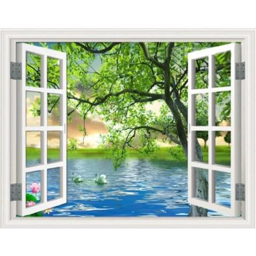 Full Square Round 5d Diamond Embroidery sale window outside green treen lake Diamond Painting 5d DIY Diamond Mosaic natural arts