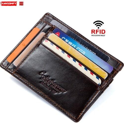 Genuine Leather Card Bag card holder RFID anti-magnetic retro crazy leather mini coin purses vintage