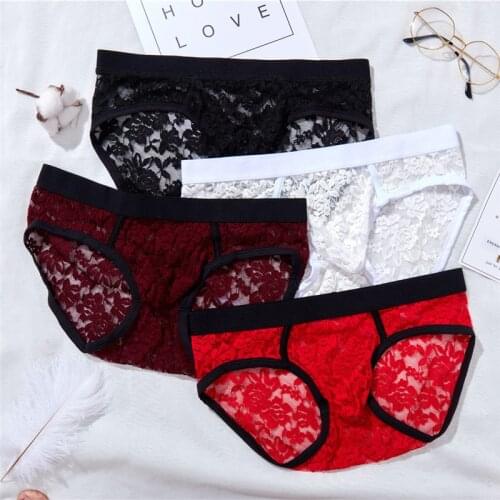 4PCS Underwear Men Brief Shorts Mens Underpants Ropa Interior Hombre Low Waist Lace Floral Breathable U Convex Briefs Size M-2XL