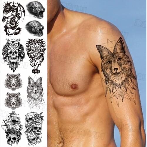 Black Geometric Wolf Fox Temporary Tattoos For Men Adult Realistic Fake Lion Dragon Owl Tiger Skull Tatoo 3D Tattoo Sticker