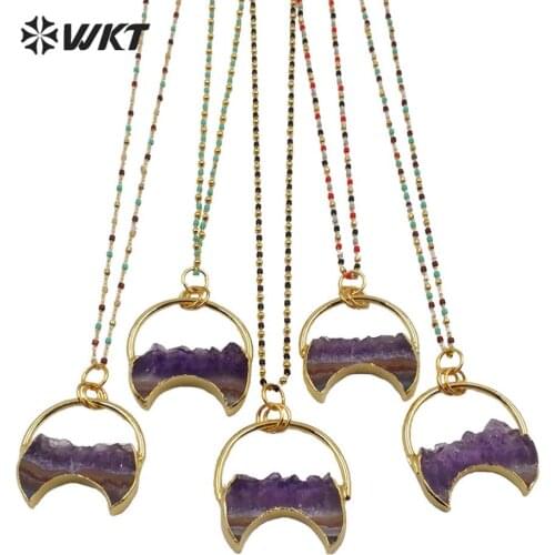 WT-N1219 gorgeous ame thyst necklace raw stone with gold welding loop crescent horn necklace multi color beads chain necklace