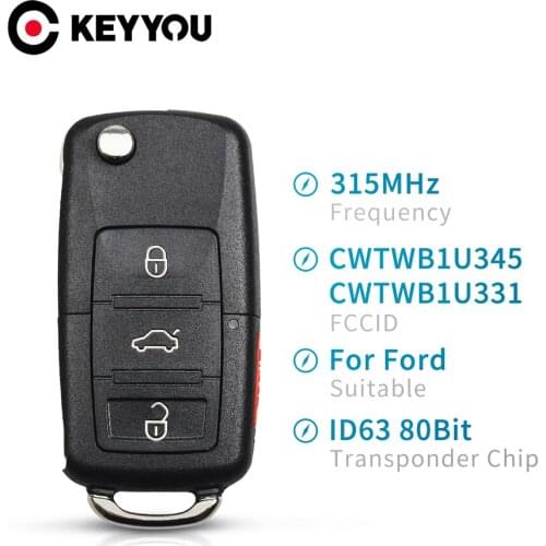 Replacement Remote Car Key For Ford F250 F350 Escape Exursion FCC ID: CWTWB1U331/CWTWB1U345 315MHz 3+1 Buttons ID63 80 Bit Chip