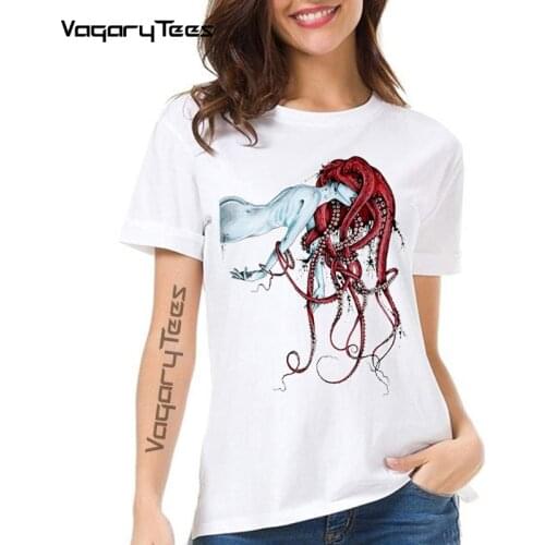 Hot Sales New Fashion Septoid design women T-shirt Short Sleeve Geek Tops Punk Girl Octopus Hair Printed Hipster Tee