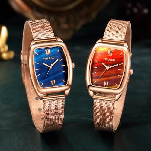2020 Women Rose Gold Mesh Belt Gradient Roman Number Watch Luxury Ladies Square Case Shape Quartz Watches Gift Relogio Feminino