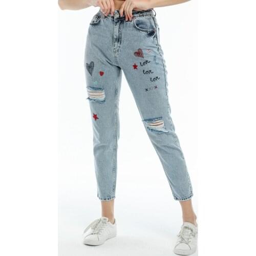 Women Summer Fashion Love Figure and Ripped Detail High Waist MOM Jeans Young Girl Street Pants Turkish Quality