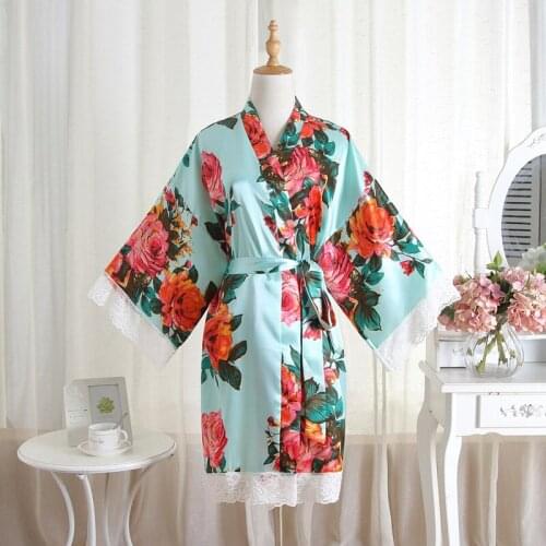 Female Flower Print Kimono Robe Gown Summer New Ice Silk Bathrobe Lace Trim Sleepwear Spring Autumn Casual Nightgown One Size