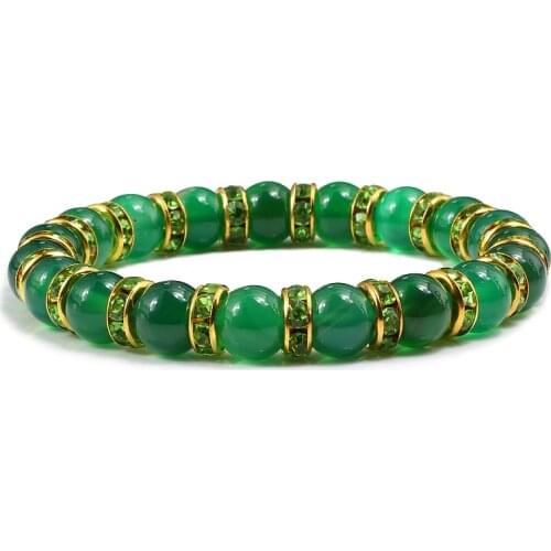 Hot Natural Dark Green Chalcedony Beaded Bracelets For Women Mens Fashion Jewelry Classic Rhinestone Circular Distance Bracelet