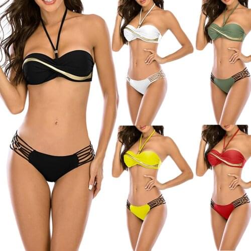 Women New Summer Candy Color High Elastic Swimsuit Bikini Low Sexy Beachwear solid color open back Swimsuit Beach Swimming