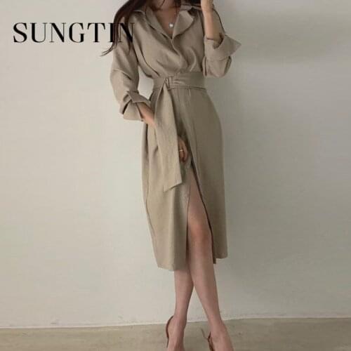 Sungtin Long Dress Women Elegant with Belt Lace Up Black Office Dress Suit Collar Korean Vintage Formal Sing Breasted Droppship