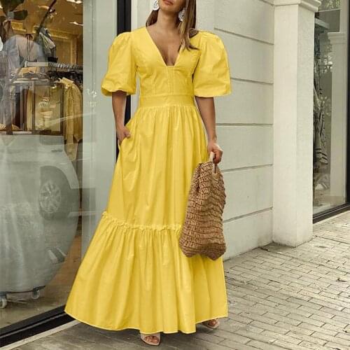 Women Party Dress 2021 Summer Casual Short Sleeve Sexy Deep V Neck High Waist Pleated Maxi Dresses VONDA Loose Beach Sundress