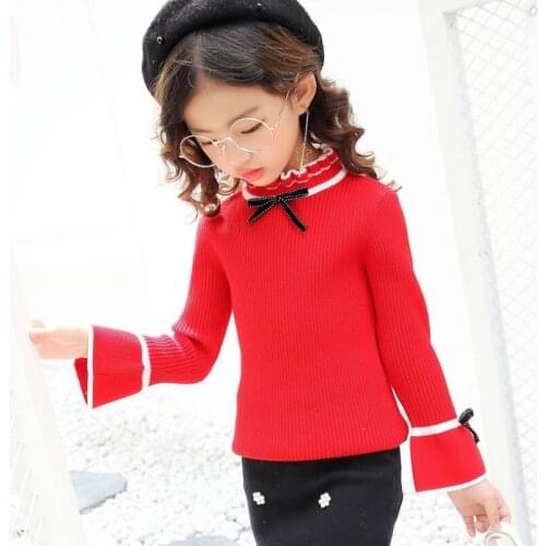 2019 Spring Autumn Winter Toddler Teenage Clothes School Girls Pullover Sweaters Long Sleeve Bow Kids Knit Sweaters Tops JW4392A