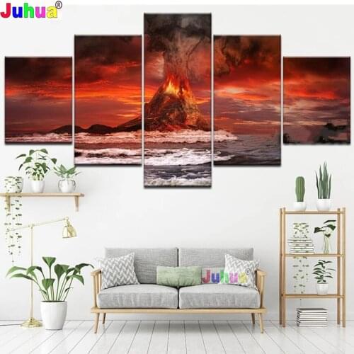 5 Panel diamond painting Volcano Eruption Landscape 5d diy handmade embroidery full square/round drill Modern decor art