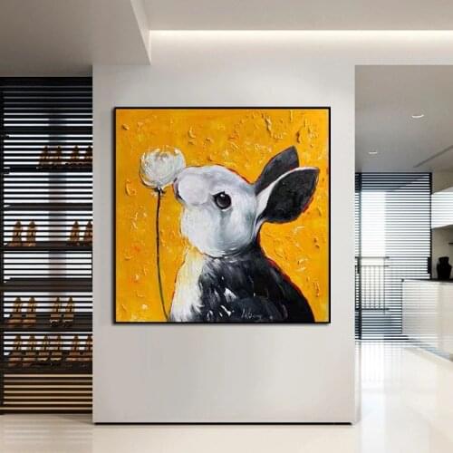 Abstract Cartoon Rabbit Oil Painting 100% Hand Painted Cartoon Art Oil Paintings Wall Canvas Art For Home Kids Room Decoration