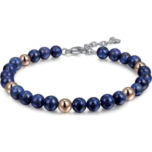 Runda Fashion Men And Women Blue Beaded Natural Stone Bracelet Stainless Steel Jewelry Couple Bracelet Gift