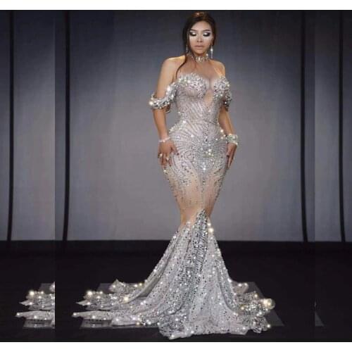 Celebrity Shining Beading Trumpet Long Dress Bodycon DJ Club Party Dancer Costume