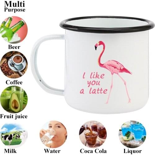 Enamel mug Beautiful flamingo office home coffee mug with a simple black border and black watercolor design