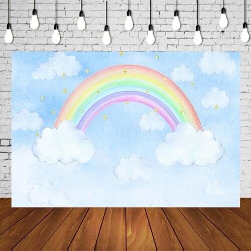 Blue Sky Rainbow Backdrop Girl Birthday Party Banner Painted Sweet Cute Soft Cloud Photography Backgrounds Mural Poster Decors