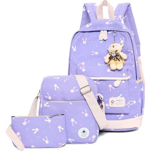 3Pcs School Bags for Teenagers Girls Kids Bookbag Rabbit print Ladies Canvas Backpack Female Rucksack Bagpack Mochilas Escolar
