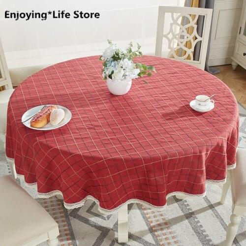Round Table Cloth Cotton Linen Table Cover Plaid Grid Pattern Christmas Tablecloth Lace Edge Wedding Party Decor Tablecloths