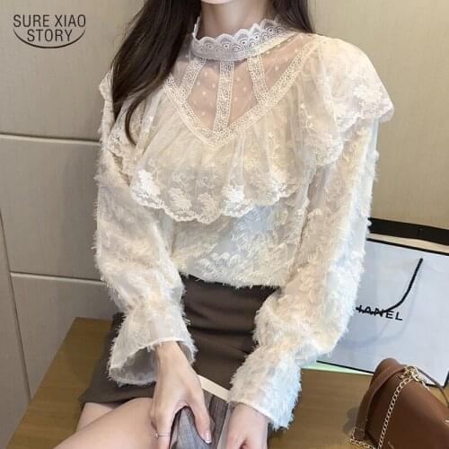 Spring Hook Flower Hollow Lace Shirt Korean Mesh Ruffled Patchwork Long Sleeve Blouse Stand Collar Chic Tassel Apricot Top 13409