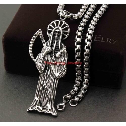 2015 Best Selling Silver color Holy Saint Death Santa Muerte Skull Biker Pendant 316L Stainless Steel Fashion Jewelry