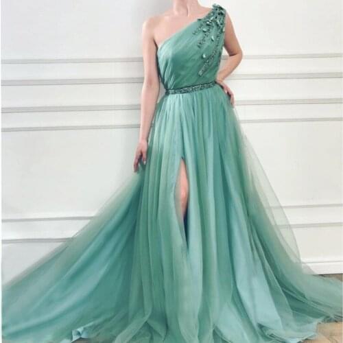 Mint Green One Shoulder Crystals Prom Dresses 2021 High Split Side Formal Evening Dress Robe De Soiree