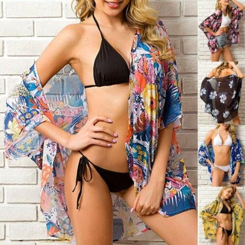 Summer Womens Bikini Cover Up Floral Chiffon Shawl Kimono Cardigan Half Sleeve Bathing Suit Covers Swimwear Beachwear