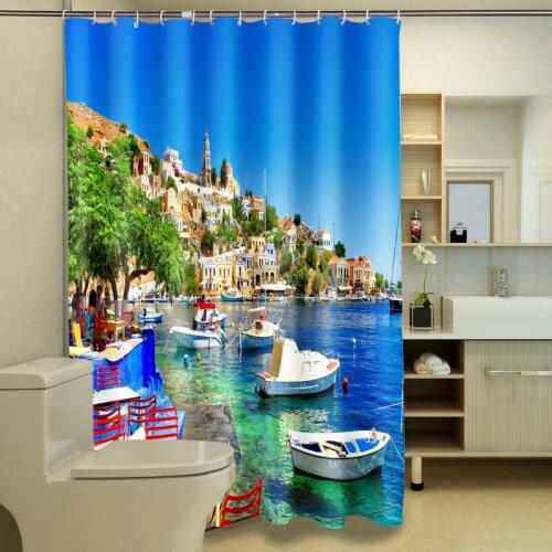 New 3D Shower Curtains Scenic Seaside Town Pattern Waterproof Fabric Bathroom Curtains Washable Bath Curtain Bathroom Products