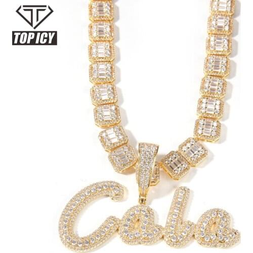 Personalized name 14k Gold Plated Custom Name bling necklace with Baguette Chain Diamond Initial Name Plate Pendant